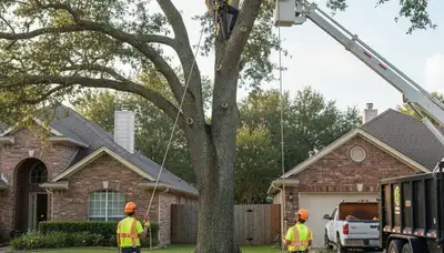 Professional arborists performing safe tree removal with crane at Brandon, FL residential property