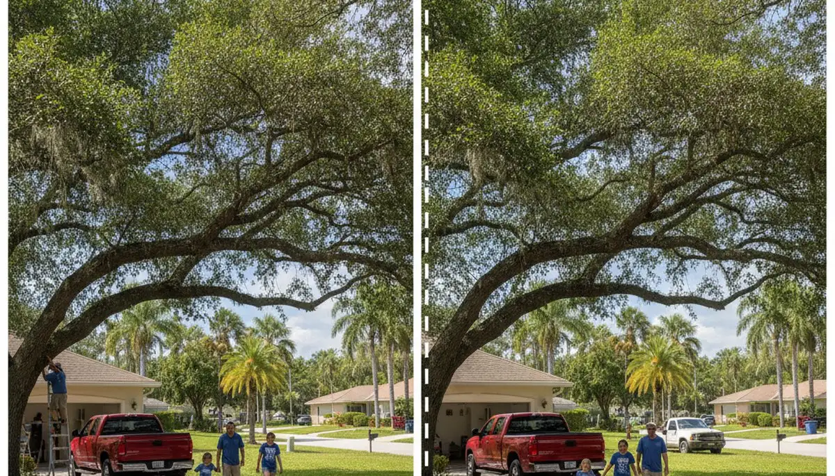 Arborist trimming lower branches for canopy lift over driveway in Brandon FL tree trimming service