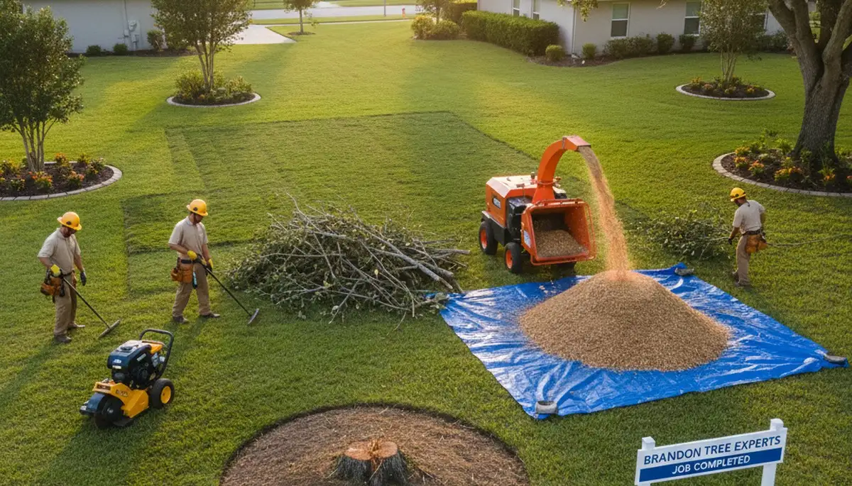 Completed tree removal and yard restoration in Brandon, FL with crew, mulch, and stump grinding cleanup