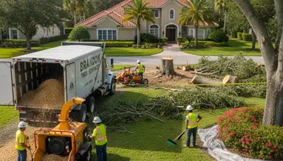 Wood chipping debris management by tree removal crew in Brandon, FL maintaining clean landscapes