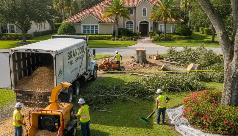 Wood chipping debris management by tree removal crew in Brandon, FL maintaining clean landscapes