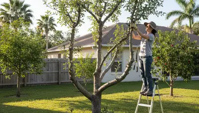 Arborist pruning fruit tree in Brandon FL backyard orchard for healthy growth and better fruit production