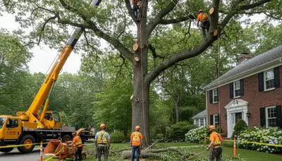 Arborists using bucket truck for large tree removal at Dover home near Brandon, FL