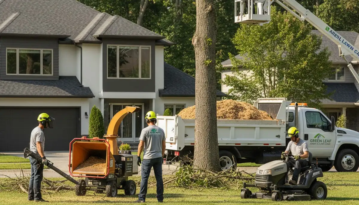 Lawn care experts mowing and edging residential yard in Brandon, FL by Chop Chop Tree