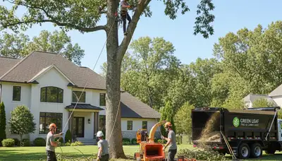 Professional lawn and tree service team working in Brandon, FL yard with specialized equipment