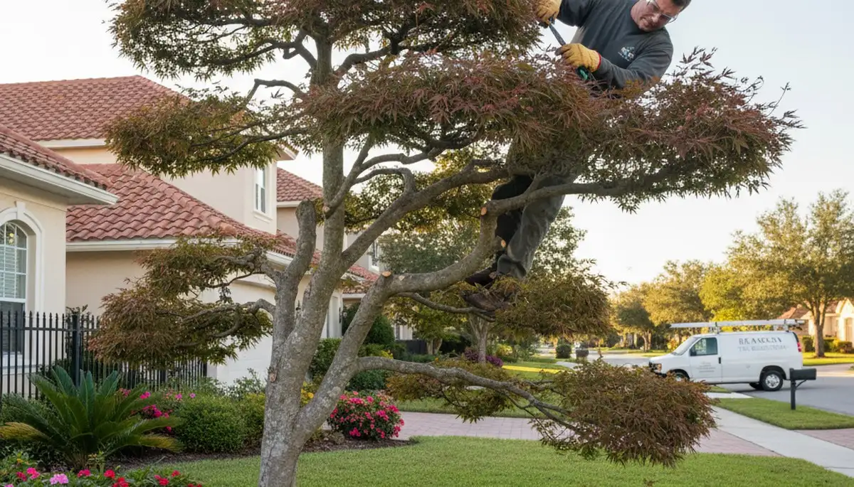 Arborist hand pruning ornamental Japanese maple for curb appeal in Brandon, FL residential landscape