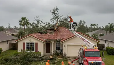 Emergency tree removal crew clearing storm-damaged trees in Riverview near Brandon, FL homes