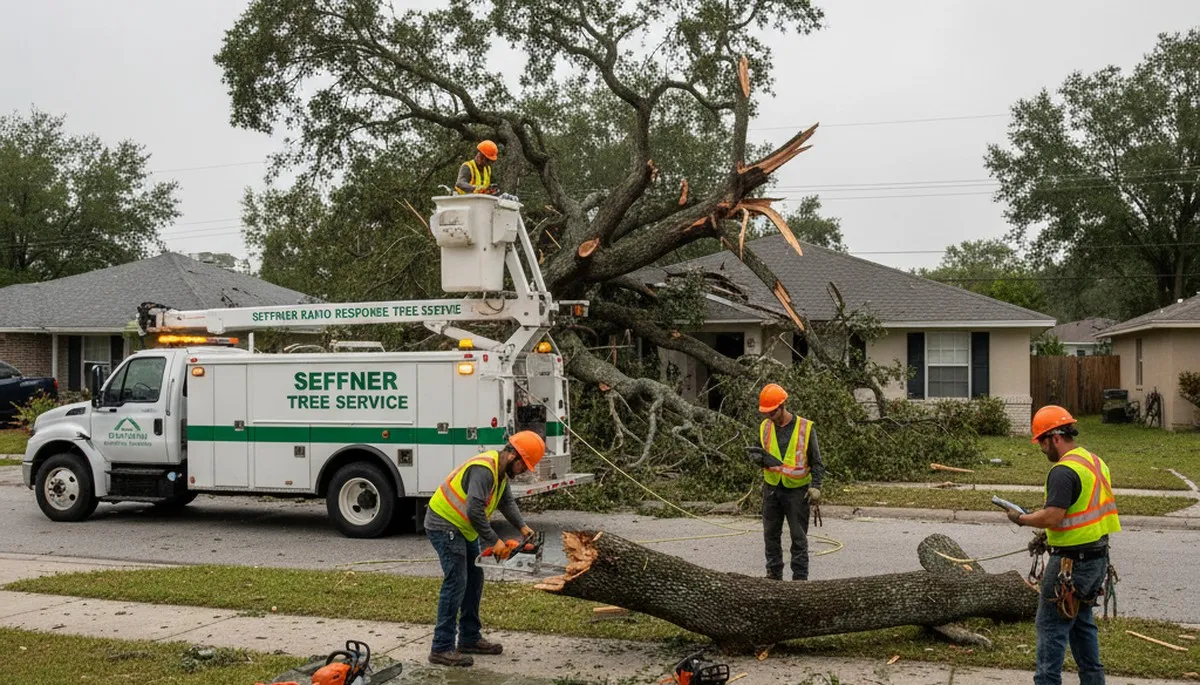 Emergency tree removal crew clearing storm damage in Seffner, FL near Brandon after severe weather