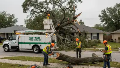 Emergency tree removal crew clearing storm damage in Seffner, FL near Brandon after severe weather