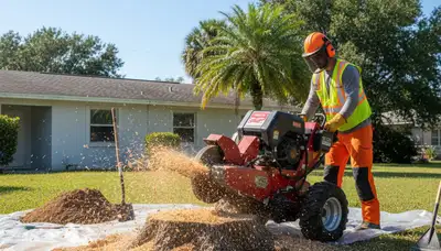 Professional stump grinding service removing tree stumps in Gibsonton, FL by Brandon tree experts