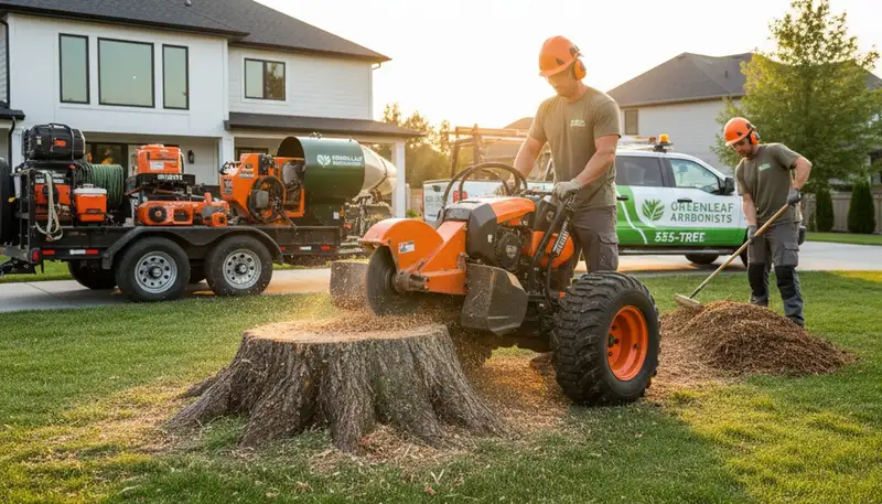 Professional stump removal crew clearing tree roots in Brandon, FL backyard