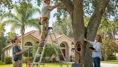 Certified arborist performing tree health assessment for homeowners in Gibsonton, FL near Brandon tree service