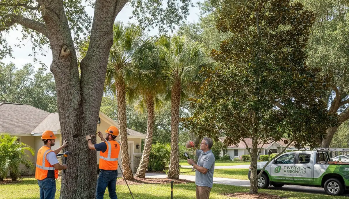 Certified arborist performing tree health assessment for Riverview homeowners near Brandon, FL