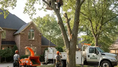Professional tree removal crew trimming large oak in Brandon, FL for Chop Chop Tree service