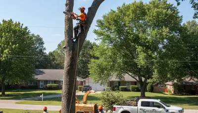 Professional tree removal crew trimming oak branches in residential yard, Brandon FL