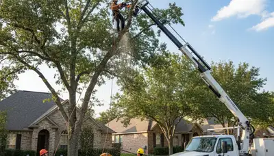 Arborist trimming oak tree branches in residential yard in Brandon, FL for Chop Chop Tree service