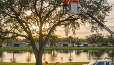 Professional tree removal service in Brandon FL safely cutting large oak trees