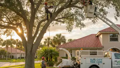 Professional tree removal service crew working safely in Brandon, FL yard